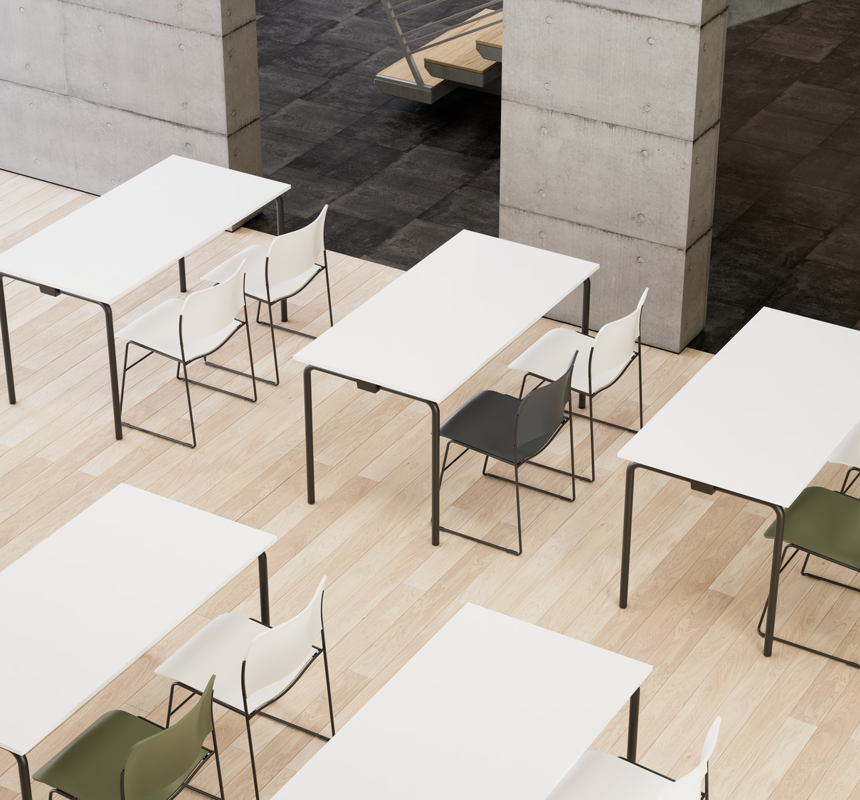 An installation image of numerous Usu tables and colourful 40/4 chairs