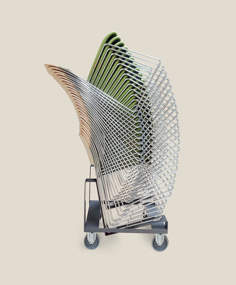 An image of a stack of semi-upholstered 40/4 chairs on a dolly