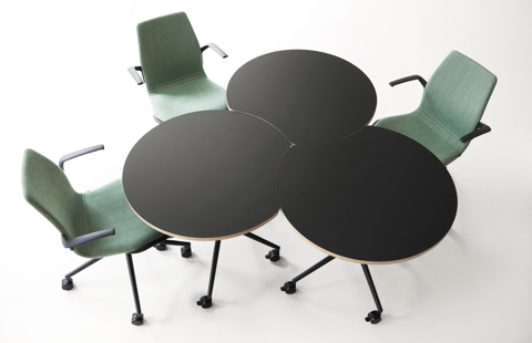 An installation image of three AS400 round-concave tables and three AS100 chairs 