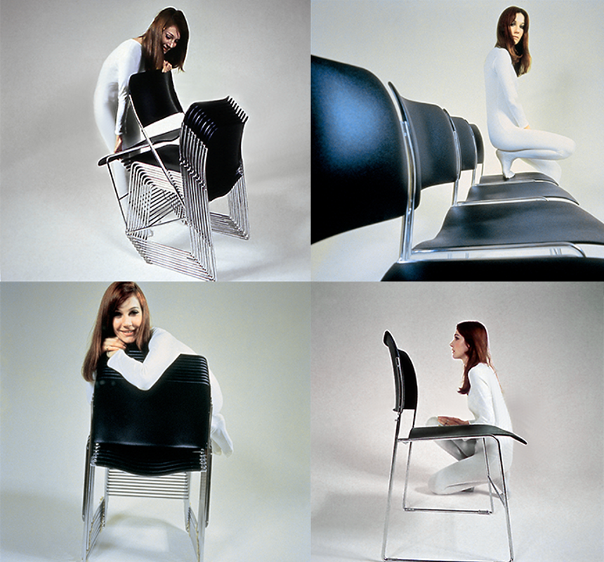 A selection of retro 40/4 ads featuring black 40/4 chairs and a model dressed in white