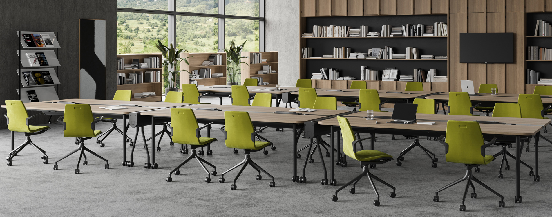 An installation image features Folding Surfaces tables in an office library setting and green AS100 chairs