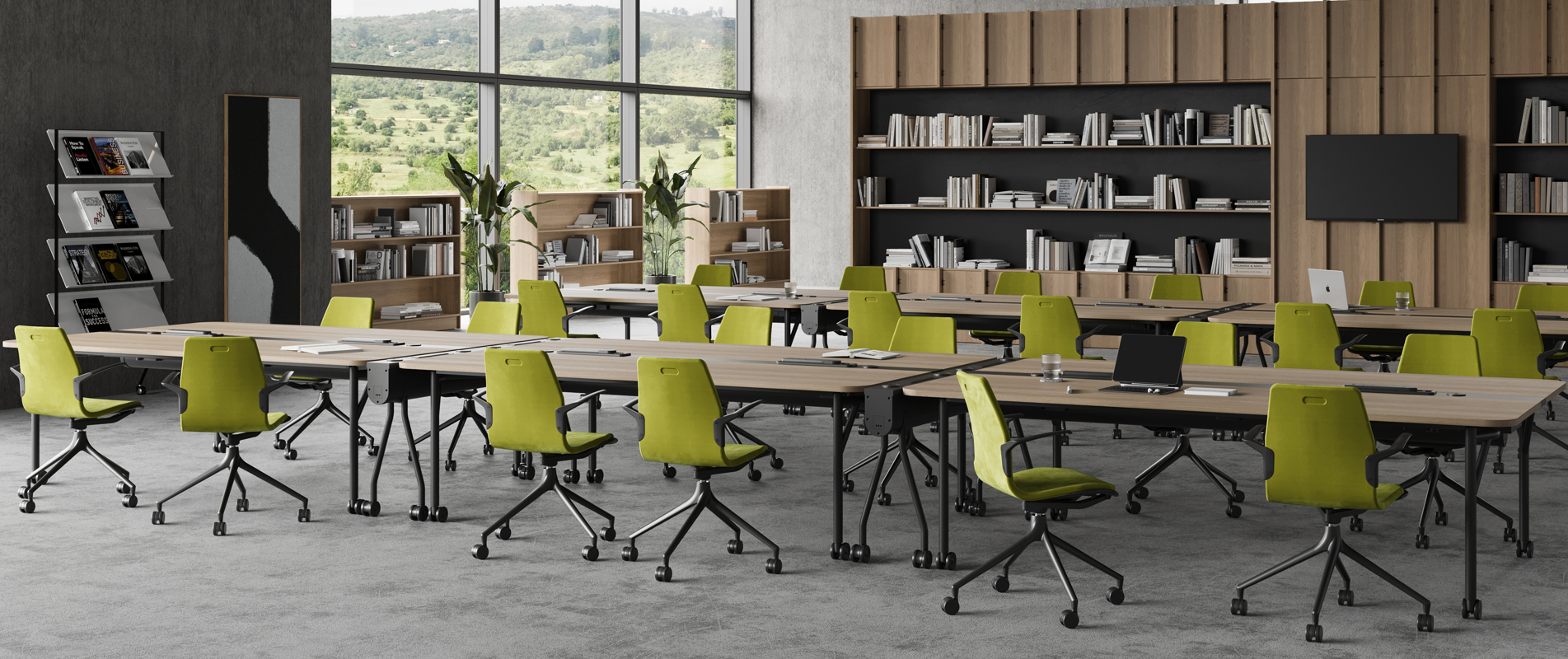 An installation image features Folding Surfaces tables in an office library setting and green AS100 chairs