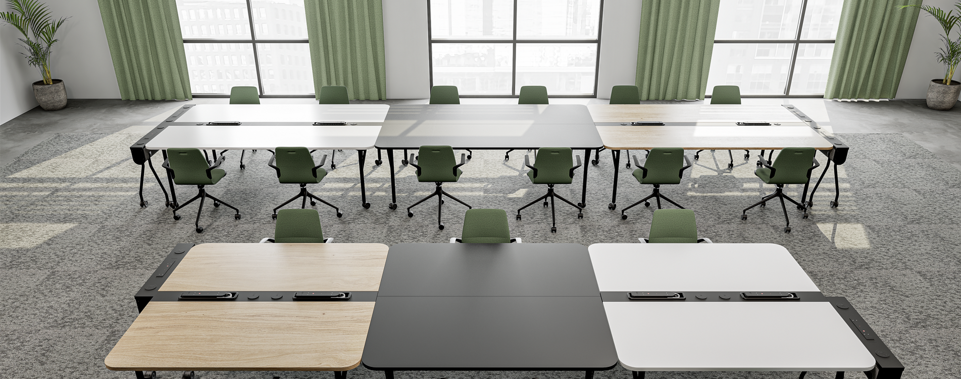 An installation image featuring the Folding Surfaces tables, AS100 chairs and power horses