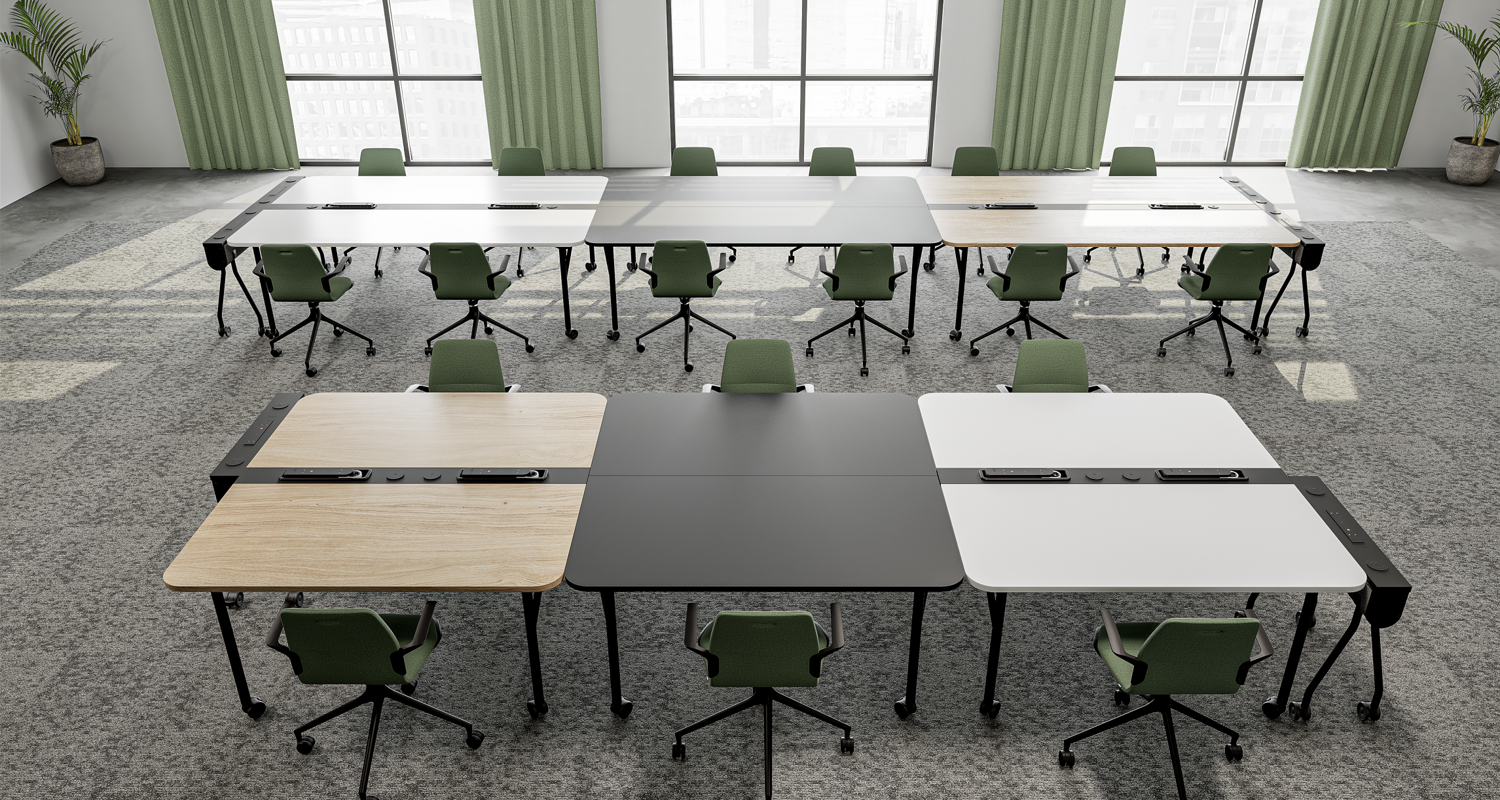 An installation image featuring the Folding Surfaces tables, AS100 chairs and power horses