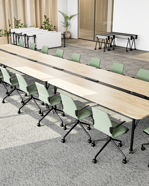 An installation image featuring the Folding Surfaces tables, AS100 chairs and FS mobile power units