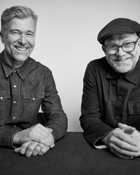 A black and white portrait of Luke Pearson (left) and Tom Lloyd (right), the SixE chair designers