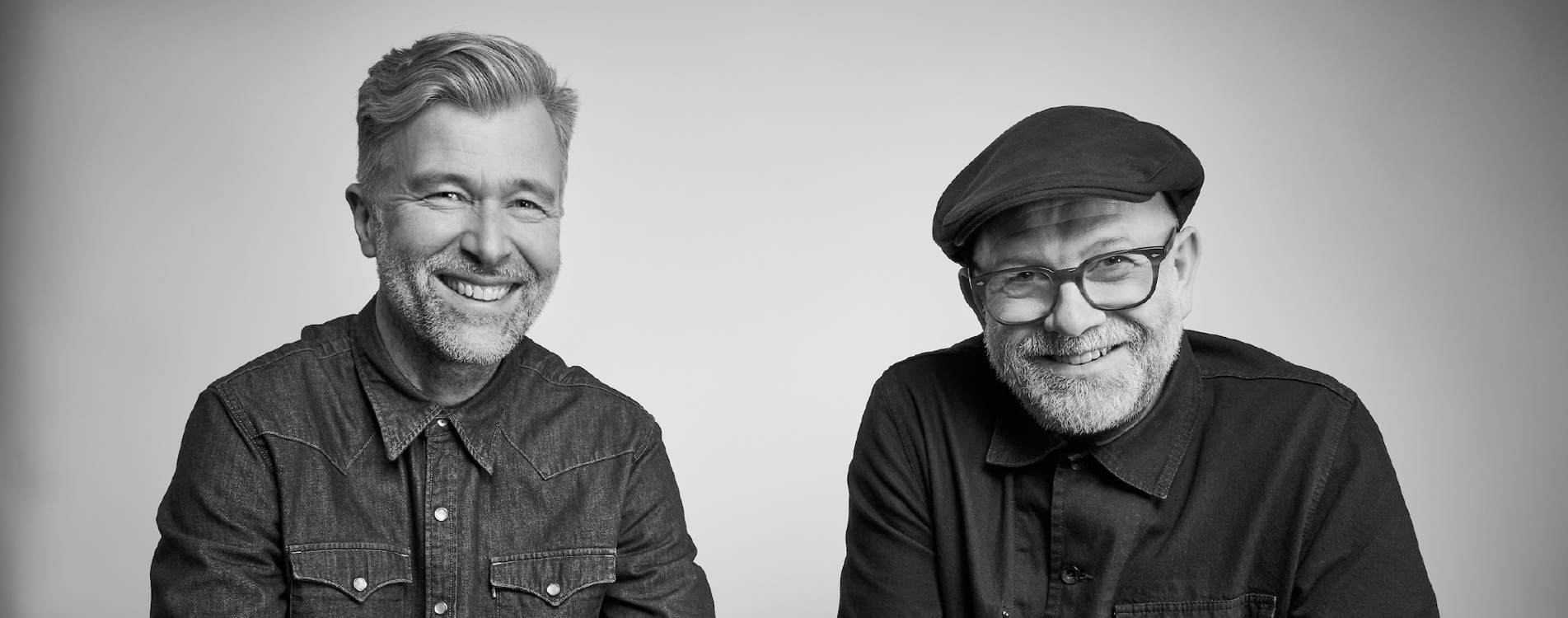 A black and white portrait of Luke Pearson (left) and Tom Lloyd (right), the SixE chair designers
