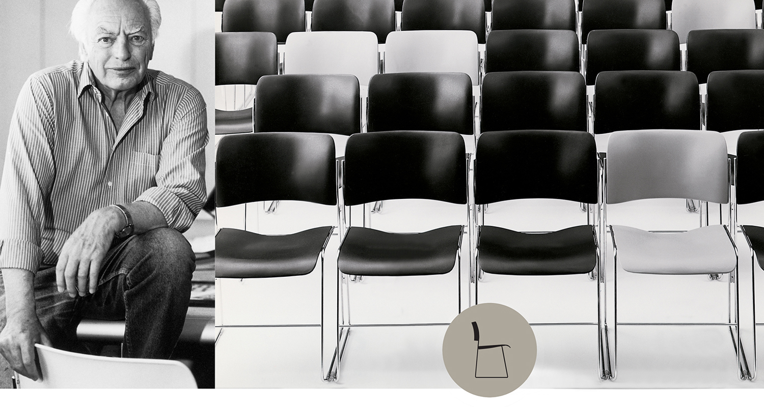 A graphic featuring rows of 40/4 chairs and a portrait of David Rowland