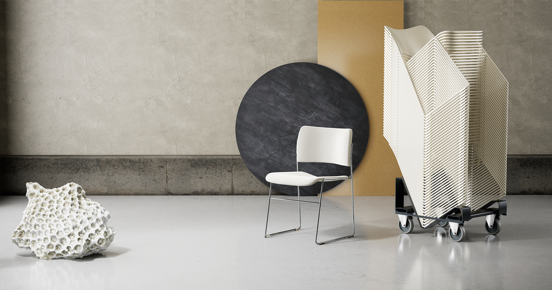 An installation of the 40/4 chair in white upholstery with the white stack of 40/4 plastic chairs