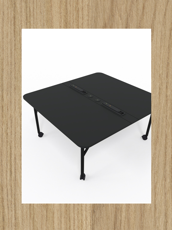 A black Folding Surfaces table with integrated battery power