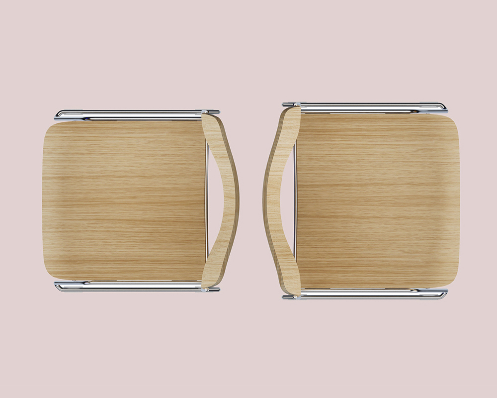 Comparison of a 40/4 xtra side chair and standard size 40/4 side chair in oak veneer on a pink background