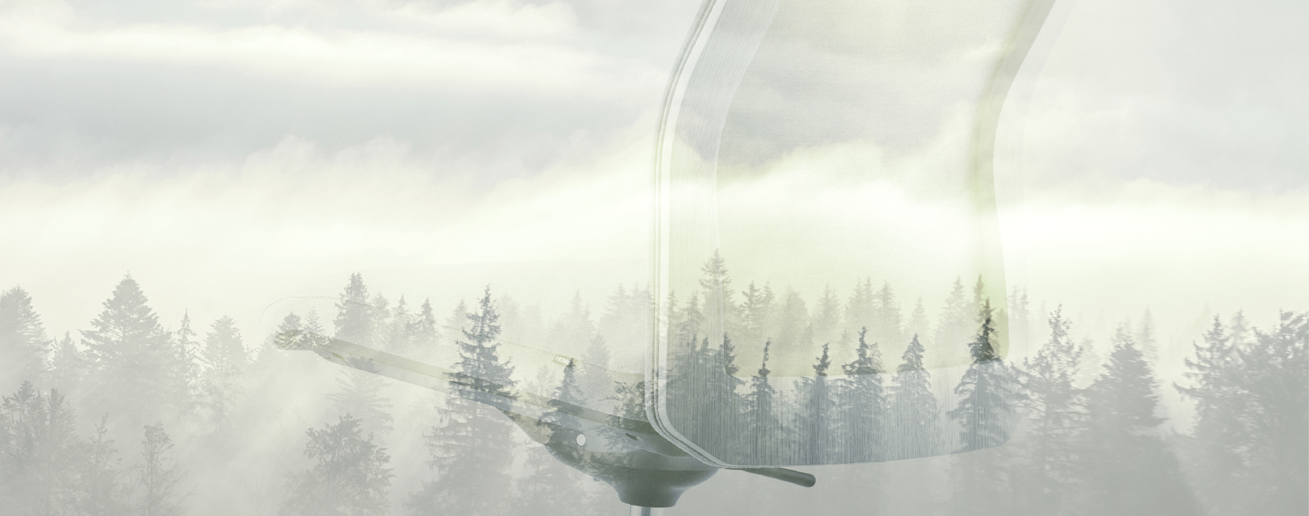 An image of a MN1 chair on a forest background; sustainability related 